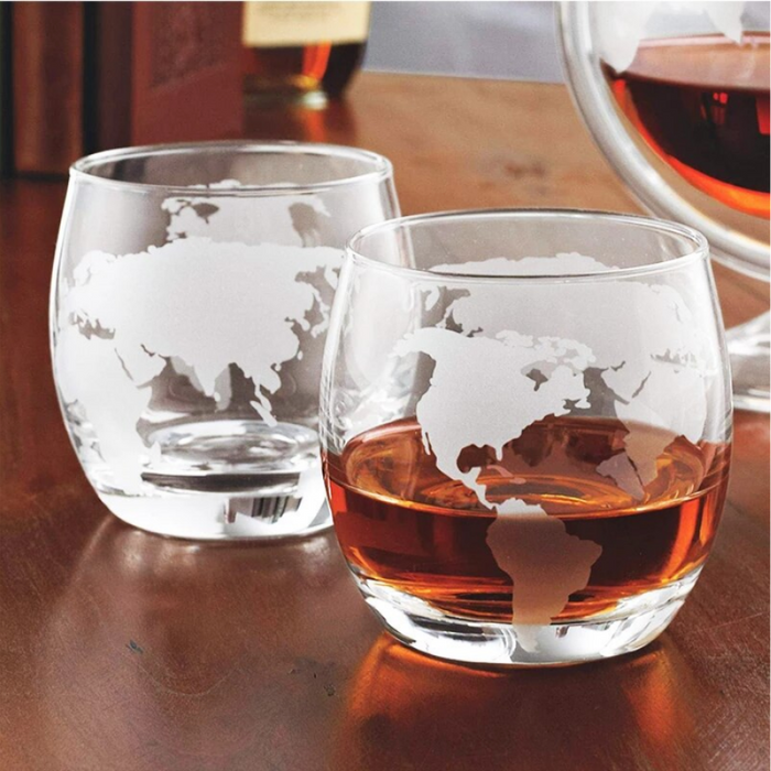 2 Etched Globe Whisky Glasses