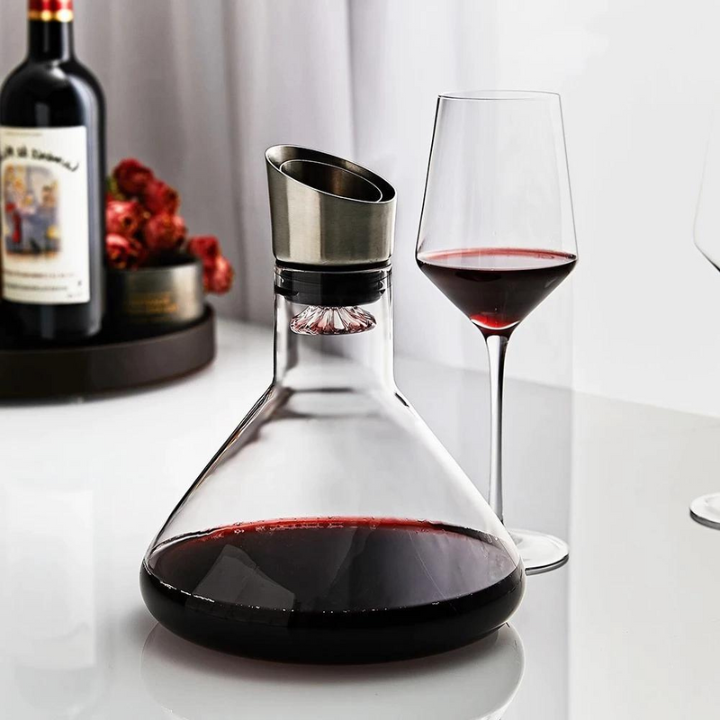 Hand Blown Wine Carafe for Red Wines with Stainless Steel Aerator