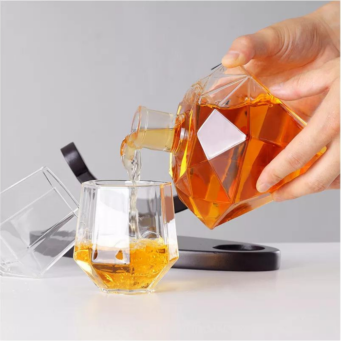 Diamond Shaped Whiskey Decanter with Wooden Base - Exquisite Bar Display Set