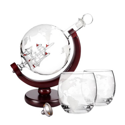 Globe Decanter Set With Carafe, Exquisite Wood-Stand, And 2 Whiskey Glasses
