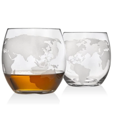 2 Etched Globe Whisky Glasses
