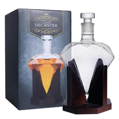 Diamond Shaped Whiskey Decanter with Wooden Base - Exquisite Bar Display Set