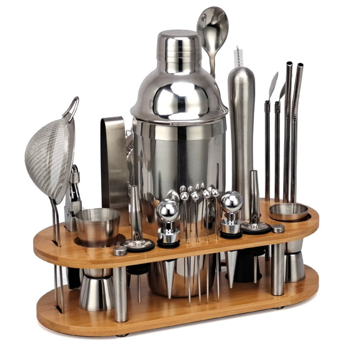 23 Piece Mixology And Craft Cocktail Shaker Set With Wooden Stand