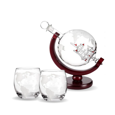 Crystal Globe with Sailboat Whiskey Decanter and Glass Set